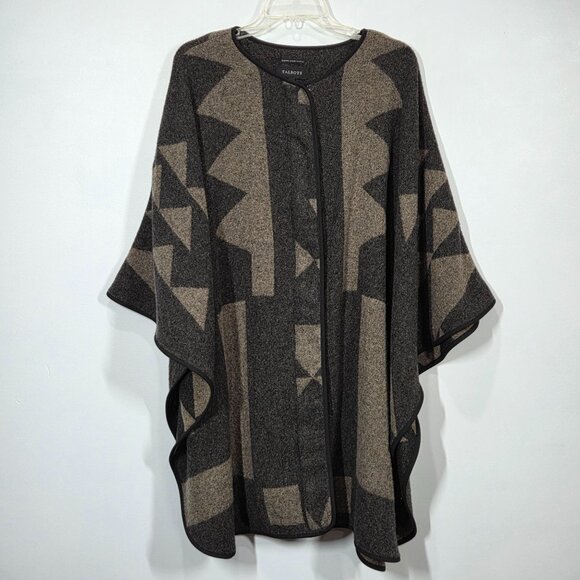 Talbots Cape Medium Gray Tan Wool Blend Zip Up Boho Southwestern Poncho - Picture 1 of 10